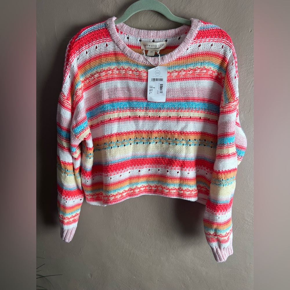 saltwater LUXE Coral Pink Multi-Stripe Crewneck crop sweater